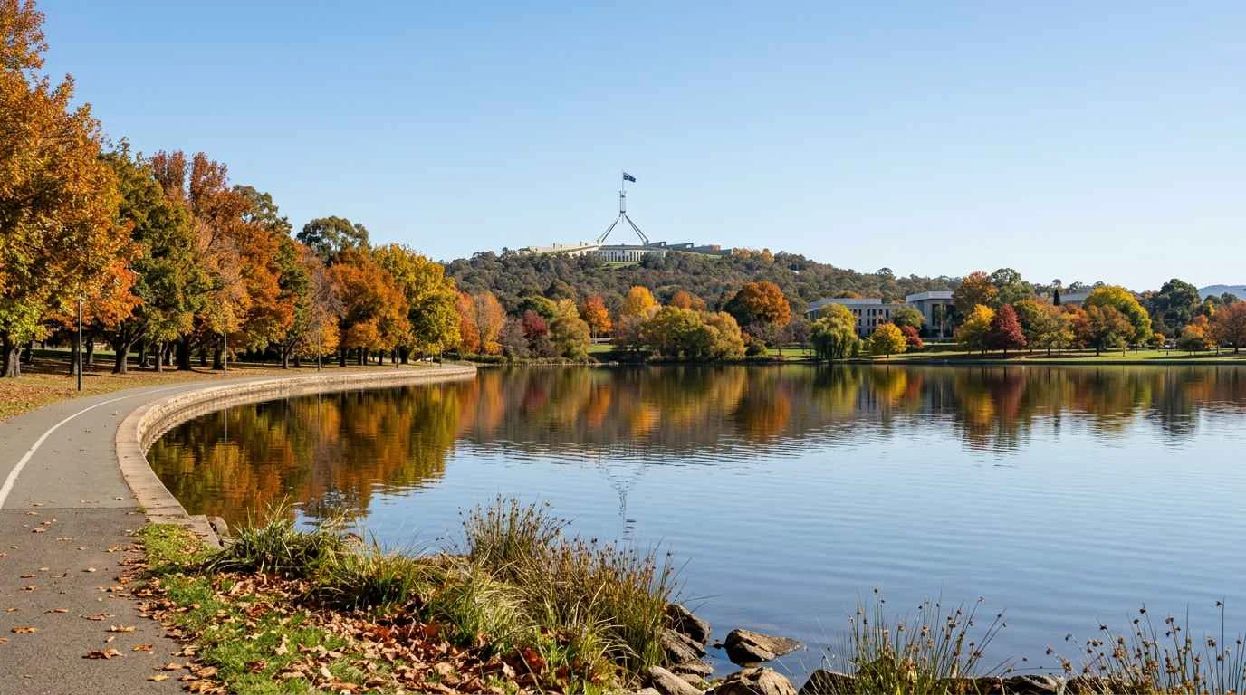 Lake and parliament vista in Canberra