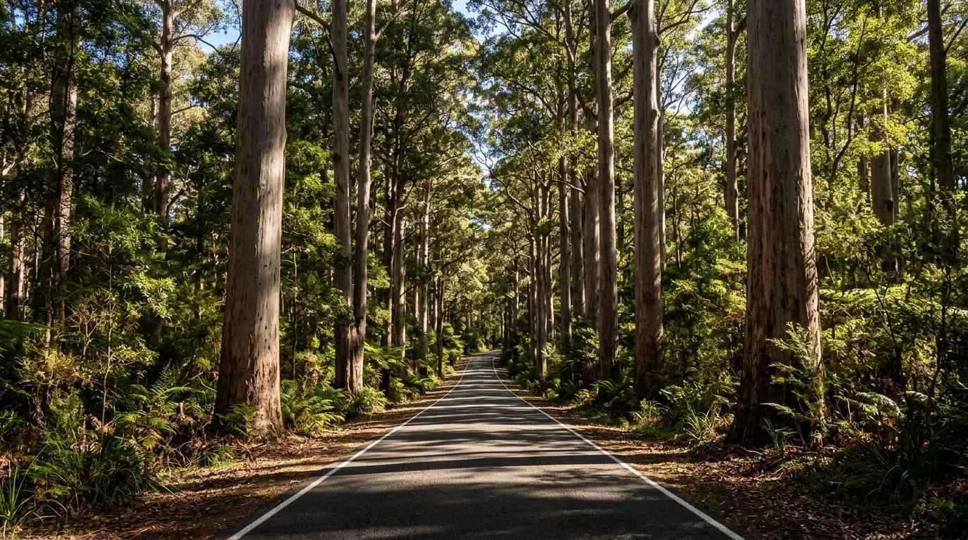 Remote highway through tall trees